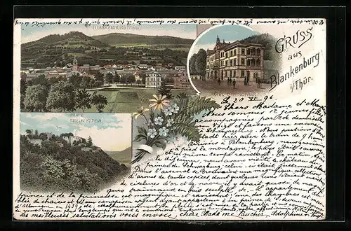 Lithographie Blankenburg i. Thür., Hotel Chrysopras, Ruine Greifenstein, Ortsansicht