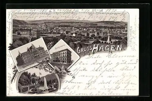 Lithographie Hagen i. W., Hotel Waldlust, Gewerbeschule, Realgymnasium