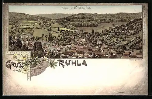 Lithographie Ruhla, Blick von Emilien-Ruh auf den Ort