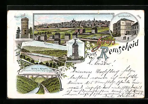 Lithographie Remscheid, Kriegerdenkmal, Talsperre, Wasserturm und Gewerbeschule