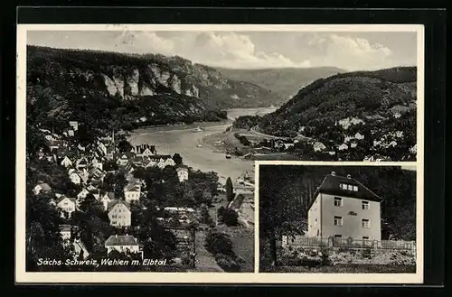 AK Wehlen /Sächs. Schweiz, Landhaus Alice, Bes. Arthur Klügel, Zeichenerweg 19e, Elbtal mit Bastei