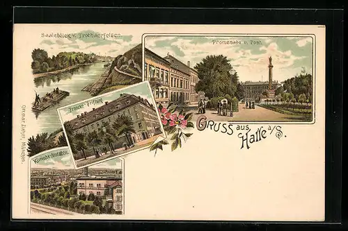 Lithographie Halle a. S., Promenade u. Post, Francke-Stiftung, Klinische-Anstalten