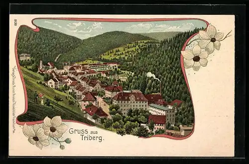 Lithographie Triberg, Ortsansicht aus der Vogelschau