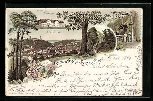 Lithographie Eckartsberga, Waldhütte, Eckartshaus, Gesamtansicht