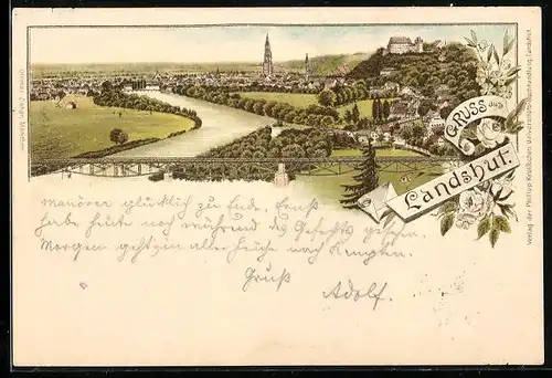 Lithographie Landshut, Teilansicht mit Fluss