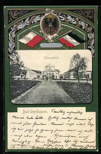 Passepartout-Lithographie Bad-Oeynhausen, Ansicht vom Thermalbad, Wappen