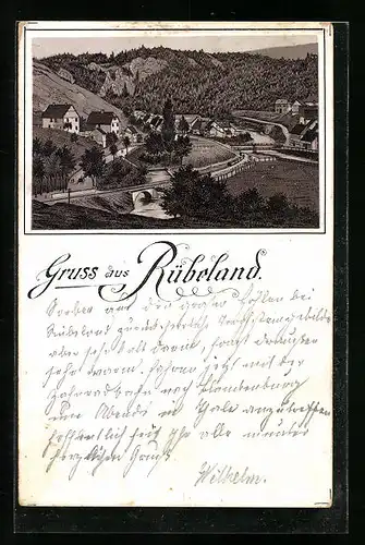 Lithographie Rübeland, Ortsansicht mit Fluss