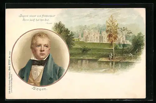 Lithographie Scott in elegantem Anzug, herrschaftliches Anwesen, Zitat