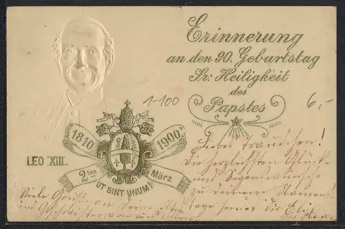 Präge-Lithographie Portrait und Erinnerung an den 90. Geburtstag Seiner Heiligkeit Papst Leo XIII. 1900