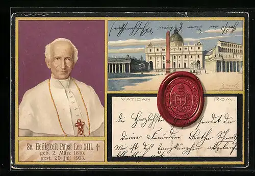 Lithographie Rom-Vatikanstadt, Porträt Papst Leo XIII., Petersplatz, Siegel