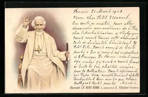 Lithographie Papst Leo XIII. winkt mit der Hand
