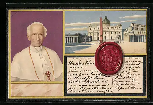 Lithographie Rom-Vatikanstadt, Porträt Papst Leo XIII., Petersplatz, Siegel