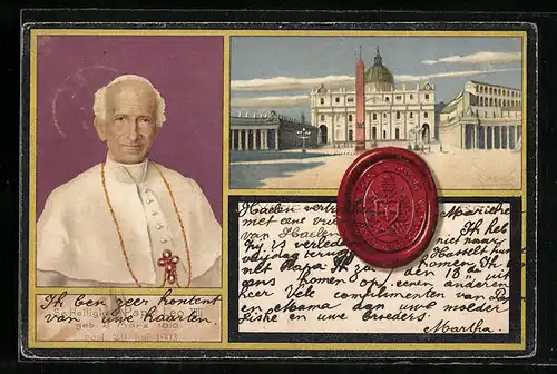 Lithographie Rom-Vatikanstadt, Porträt Papst Leo XIII., Petersplatz, Siegel