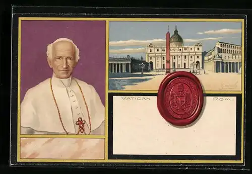 Lithographie Vatican, Petersplatz mit Petersdom, Portrait Papst Leo XIII.