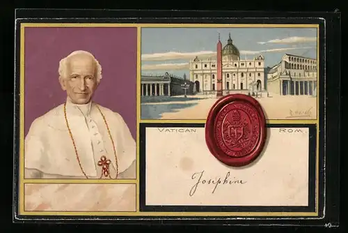 Lithographie Vatican, Portrait Papst Leo XIII., Petersplatz und Dom