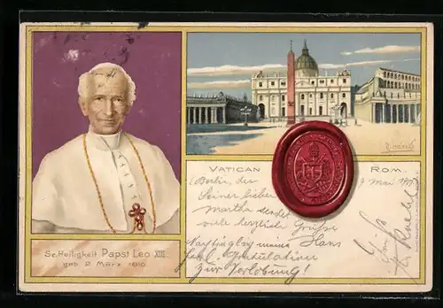 Lithographie Vatican, Petersdom am Petersplatz, Portrait Papst Leo XIII.