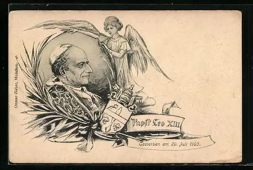 Lithographie Portrait Papst Leo XIII., Engel