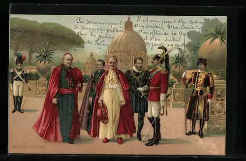 Künstler-AK Rom, Papst Pius XI. mit kirchlichen Würdenträgern im Garten