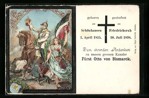 Lithographie Germania mit Schwert u. Reichsfahne und berittener Fürst Otto v. Bismarck mit Krone und Pickelhaube