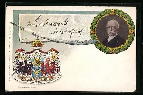 Künstler-AK Portrait von Bismarck mit Wappen