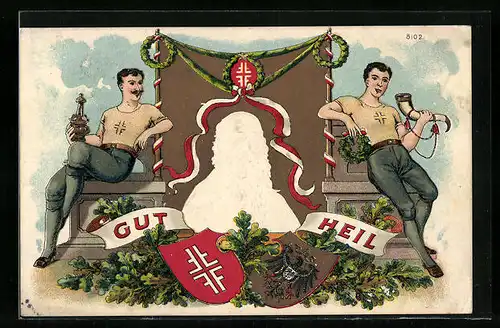 Lithographie Portrait von Turnvater Jahn, Turner mit Pokal und Trinkhorn, Wappen