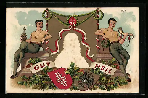 Lithographie Portrait von Turnvater Jahn, Turner mit Pokal und Trinkhorn, Wappen