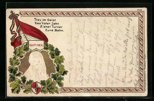 Lithographie Portrait von Turnvater Jahn, Wappen, Gut Heil