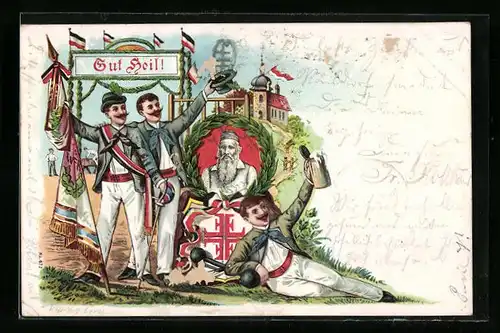 Lithographie Gut Heil!, Sportler mit Turnvater Jahn Portrait