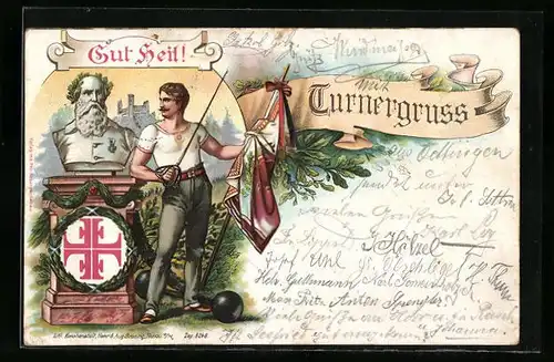 Lithographie Büste von Turnvater Jahn, Turner mit Fahne und Degen, Wappen