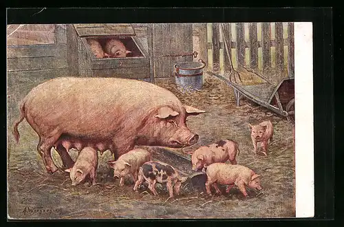 Künstler-AK Sau mit ihren Ferkeln am Trog