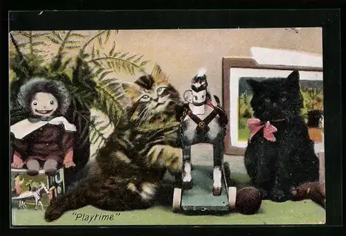 AK Katzen mit Spielzeugpferd und Puppe