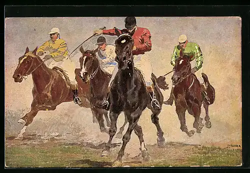 Künstler-AK Jockeys auf ihren Pferden beim Rennen