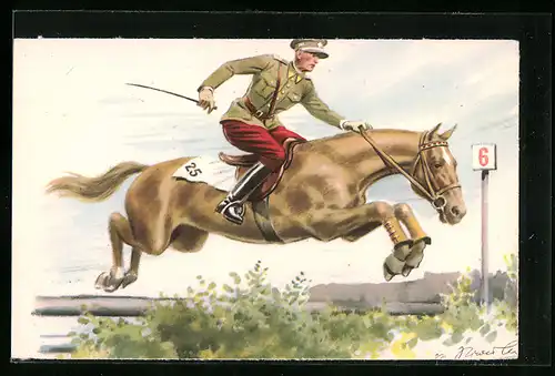 AK Soldat beim Pferderennen setzt über eine Hürde