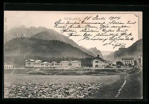 AK Toblach, Teilansicht mit Bergpanorama