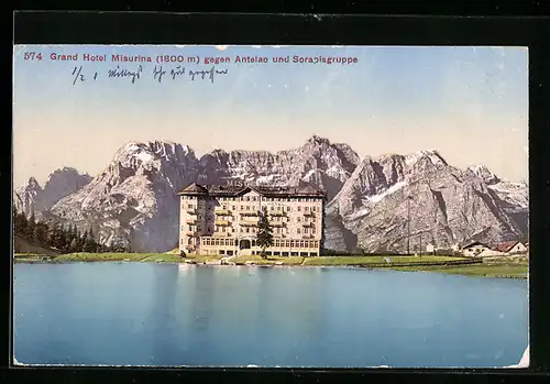 AK Misurina, Hotel Misurina gegen Antelao und Sorapisgruppe, mit Gewässer