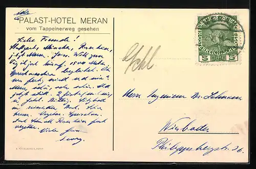 AK Meran, Palasthotel, vom Tappeinerweg gesehen