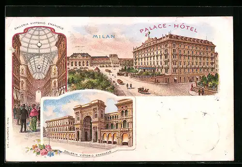 Lithographie Milan, Galleria Vittorio Emanuele, Palace-Hotel