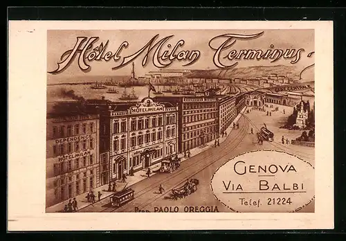 Künstler-AK Genova, Hotel Milan Terminus, Via Balbi