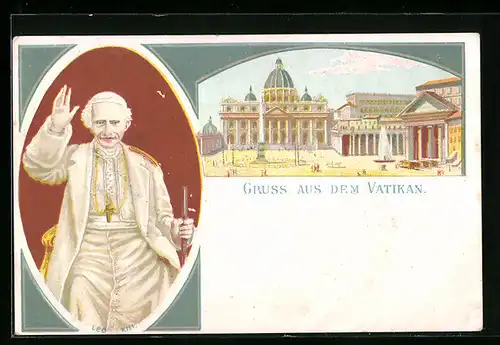 Lithographie Vatikan, Petersplatz mit Dom, Papst Leo XIII.