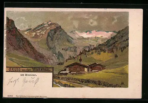 Lithographie Brenner, Vennathal, Totalansicht mit Almhütte