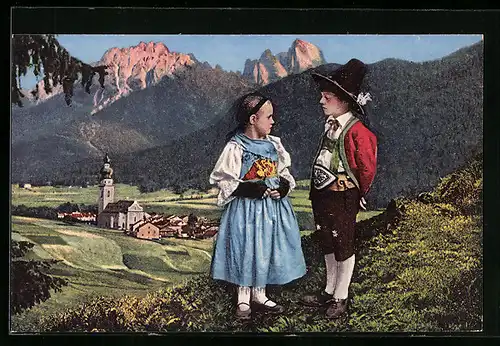 AK St. Leonhard, Panorama, Kinder in Tracht