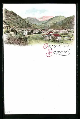 Lithographie Bozen, Panorama mit Rosengarten
