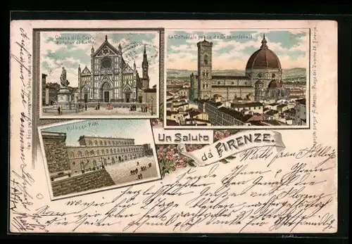 Lithographie Firenze, Palazzo Pitti, La Cattedrale, Chiesa di S. Croce e statua di Dante