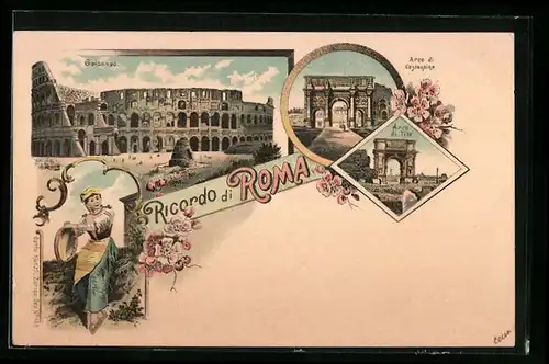 Lithographie Roma, Colosseo, Arco di Costantine, Arco di Tito