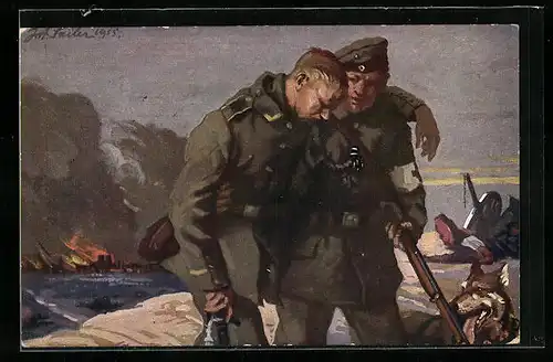 AK Sanitätshund und -soldat beim Bergen eines Verwundeten