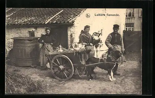 AK Flämische Milchbauern mit Hundegespann vor ihrem Haus