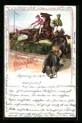 Lithographie Reitpferd ohne Reiter und Jockeys beim Rennen, Karikatur