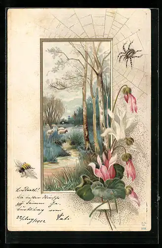 Passepartout-Lithographie Frühlingsidylle mit Schafen, Spinne im Netz, Biene, Fuchsie