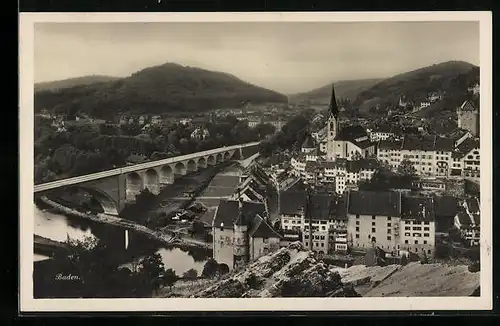 AK Baden, Ortsansicht mit Zugbrücke und Kirche