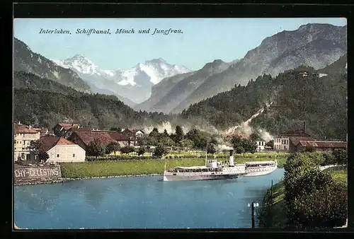AK Interlaken, Schiffkanal mit Dampfschiff, Mönch und Jungfrau